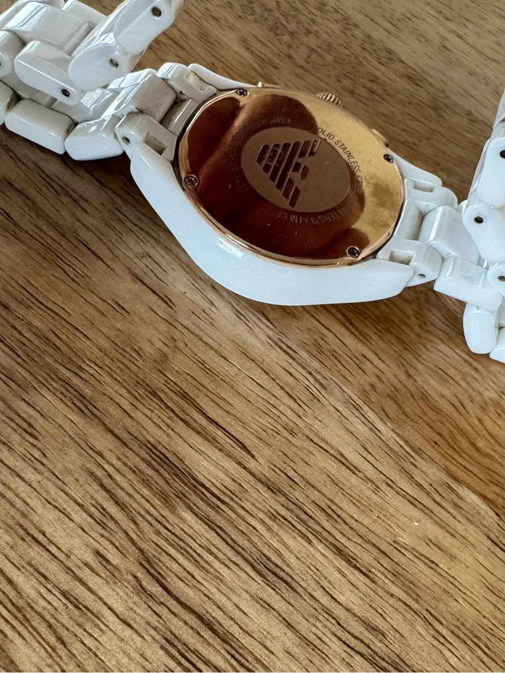 Emporio Armani White Ceramic Chronograph Watch with Rose Gold Markers